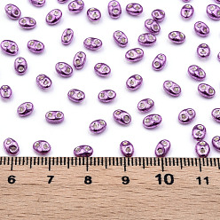 Purple Dyed Opaque Colours Glass Seed Beads, Silver Lined, 2-Hole, Oval, Purple, 5x4x2.5mm, Hole: 0.9mm, about 450g/bag