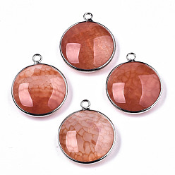 Coral Natural Crackle Agate Pendants, with Platinum Plated Brass Findings, Dyed & Heated, Flat Round, Coral, 27~28x23~24x7~9.5mm, Hole: 2mm