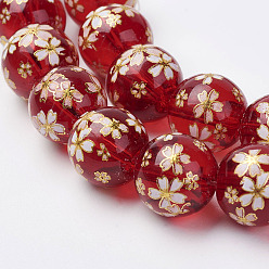 Red Handmade Lampwork Beads Strands, Flower Picture Brushwork, Round, Red, 11~12mm, Hole: 1mm, about 30pcs/strand, 13.31 inch(33.8cm)