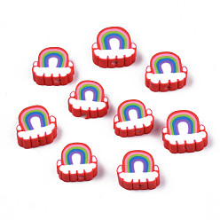 Red Handmade Polymer Clay Beads, Rainbow & Cloud, Red, 8.5~10.5x10~12.5x4~5mm, Hole: 1.8mm