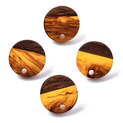 Chocolat Conclusions de boucles d'oreilles en résine et bois de noyer, 304 avec tige en acier inoxydable, pierre d'imitation, plat rond, chocolat, 14mm, Trou: 1.8mm, pin: 0.7 mm