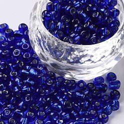 Blue 6/0 Glass Seed Beads, Silver Lined Round Hole, Round, Blue, 4mm, Hole: 1.5mm, about 6639 pcs/pound