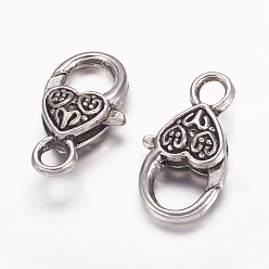 Antique Silver Tibetan Style Heart Lobster Claw Clasps, Cadmium Free & Lead Free, Antique Silver, 26.5x14x6mm, Hole: 4mm