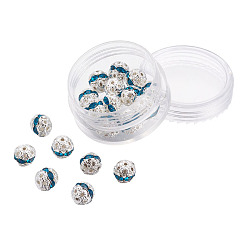 Blue Zircon Brass Rhinestone Beads, Grade A, Silver Color Plated, Round, Blue Zircon, 8mm, Hole: 1mm, 20pcs/box