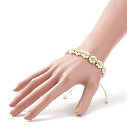 Or Bracelet en perles de verre tressées fleur, bracelet réglable pour femme, or, diamètre intérieur: 2-1/8~3-1/4 pouce (5.5~8.1 cm)