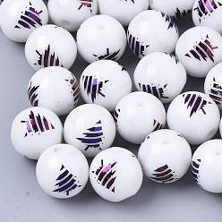 Purple Plated Christmas Opaque Glass Beads, Round with Electroplate Christmas Tree Pattern, Purple Plated, 10mm, Hole: 1.2mm