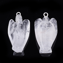 Quartz Crystal Natural Quartz Crystal Pendants, with Iron Findings,Angel, Platinum, 29~30x15~17x9~10mm, Hole: 1.8mm