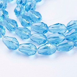Deep Sky Blue Glass Beads Strands, Faceted, Drop, Deep Sky Blue, 11x8mm, Hole: 1mm, about 57~59pcs/strand, 26.38~26.77 inch