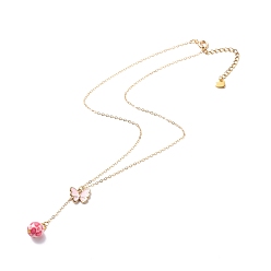 Pink Alloy Enamel Charm & Resin Beads Lariat Necklace, Valentine Theme 304 Stainless Steel Jewelry for Women, Pink, 15.98~16.02 inch(40.6~40.7cm)