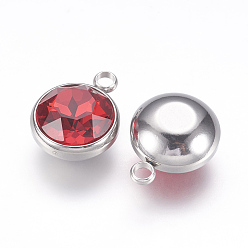 Rouge K 9 pendentifs en strass de verre, charmes de naissance de juillet, avec 304 accessoires en acier inoxydable, plat rond, rouge, 18x14x9mm, Trou: 2.5mm