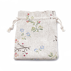 Old Lace Polycotton(Polyester Cotton) Packing Pouches Drawstring Bags, with Printed Leafy Branches, Old Lace, 14x10cm