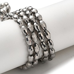 Silver Electroplate Glass Beads Strands, Full Silver Plated, Faceted, Oval, Silver, 6x4mm, Hole: 1mm, about 65pcs/strand, 16 inch