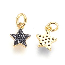 Gunmetal & Golden Brass Micro Pave Cubic Zirconia Charms, with Jump Ring, Star, Black, Gunmetal & Golden, 9x7x2mm, Hole: 2.5mm