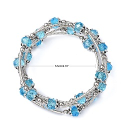 Deep Sky Blue Fashion Wrap Bracelets, with Rondelle Glass Beads, Tibetan Style Bead Caps, Brass Tube Beads and Steel Memory Wire, Deep Sky Blue, Inner Diameter: 55mm