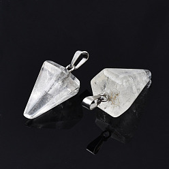 Quartz Crystal Cone/Spike/Pendulum Natural Quartz Crystal Pendants, Rock Crystal, with Platinum Plated Iron Findings, 25~27x14x14mm, Hole: 6x3mm
