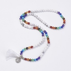 Howlite Natural Gemstone Beads Necklaces, with Polyester Tassel and Alloy Findings, 29.1 inch(74cm)