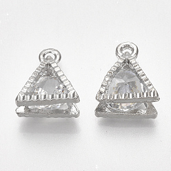 Platinum Alloy Charms, with Cubic Zirconia, Triangle, Clear, Platinum, 11x9x5mm, Hole: 1mm
