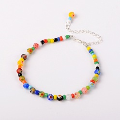 Mixed Color Handmade Millefiori Glass Beads Anklets, with Zinc Alloy Lobster Claw Clasps and Iron End Chains, Mixed Color, 235mm