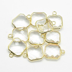 Mixed Color Golden Tone Brass Glass Square Pendants, Mixed Color, 16x13x5mm, Hole: 2mm