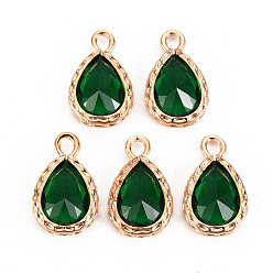Green Glass Pendants, with Brass Findings, Faceted, Teardrop, Light Gold, Green, 15x9x4.5mm, Hole: 1.8~2mm