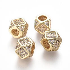 Real 18K Gold Plated Brass Micro Pave Cubic Zirconia Beads, Polygon, Clear, Real 18K Gold Plated, 6.5~7x6.5~7x6.5~7mm, Hole: 3mm, Diagonal Length: 9mm