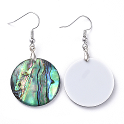 Platinum Abalone Shell/Paua Shell Dangle Earrings, with Brass Ice Pick Pinch Bails and Earring Hooks, Flat Round, Platinum, 46mm, Pin: 0.7mm