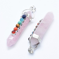 Rose Quartz Chakra Jewelry, Natural Rose Quartz Double Terminated Pointed Pendants, with Natural & Synthetic Mixed Stone Alloy Findings, Bullet, Platinum, 58~61x16.5~18x15.5~16mm, Hole: 4.5x7.5mm