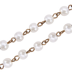 Creamy White Handmade Round Glass Pearl Beads Chains for Necklaces Bracelets Making, with Antique Bronze Iron Eye Pin, Unwelded, Creamy White, 39.3 inch, Bead: 6mm