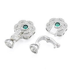 Real Platinum Plated Brass Pave Clear & Green Cubic Zirconia Fold Over Clasps, Nickel Free, Flower, Real Platinum Plated, Flower: 13.5x13.5x4.5mm, Clasp: 14x7x7mm, Inner Diameter: 5mm