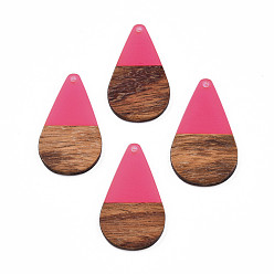 Hot Pink Transparent Resin & Walnut Wood Pendants, Teardrop Shape Charm, Hot Pink, 38x22x3mm, Hole: 2mm