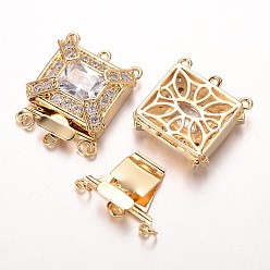 Mixed Color Brass Cubic Zirconia Box Clasps, Cadmium Free & Nickel Free & Lead Free, Rectangle, Mixed Color, 25x21.5x7mm, Hole: 1.5 & 2.5mm