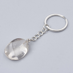 Cristal de Quartz Porte-clés en cristal de quartz naturel, avec les accessoires en fer, pépite, platine, 85~100mm, pendentif: 25~40x14~25x11~18 mm, anneau: 27~28x2 mm
