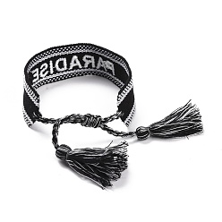 Black Word Paradise Polycotton(Polyester Cotton) Braided Bracelet with Tassel Charm, Flat Adjustable Wide Wristband for Couple, Black, Inner Diameter: 2~3-1/8 inch(5~8cm)