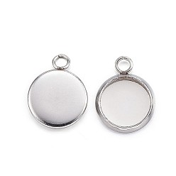 Stainless Steel Color 304 Stainless Steel Pendant Cabochon Settings, Plain Edge Bezel Cups, Flat Round, Stainless Steel Color, Tray: 8mm, 13x10x2mm, Hole: 2mm