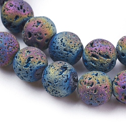 Multi-color Plated Vacuum Plating Electroplated Natural Lava Rock Beads Strands, Round, Multi-color Plated, 10~10.5mm, Hole: 1.5mm, about 40pcs/strand, 15.55 inch(39.5cm)