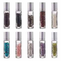 Mixed Stone Gemstone Chip Bead Roller Ball Bottles, Glass Refillable Essential Oil Bottles, 86x19mm, 10pcs/set