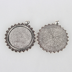 Antique Silver Tibetan Style Alloy Pendant Cabochon Settings, Cadmium Free & Lead Free, Sun, Antique Silver, Flat Round Tray: 30mm, 45x39x2mm, Hole: 4mm, about 140pcs/kg