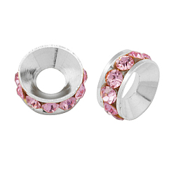 Light Rose Brass Rhinestone Spacer Beads, Grade A, Rondelle, Silver Color Plated, Light Rose, 10x4.2mm, Hole: 5.2~5.7mm