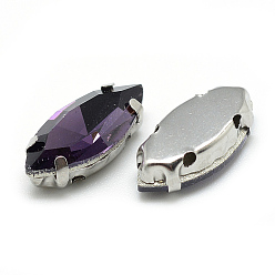 Purple Sew on Rhinestone, Multi-strand Links, Glass Rhinestone, with Platinum Tone Brass Prong Settings, Garments Accessories, Faceted, Horse Eye, Purple, 14.5x4x4mm, Hole: 0.8~1mm