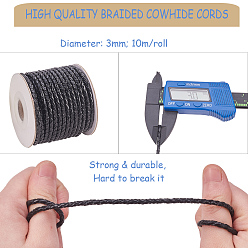 Black Round Braided Cowhide Cords, Black, 3mm, about 10.93 yards(10m)/roll