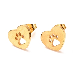 Golden Ion Plating(IP) 304 Stainless Steel Stud Earrings, Heart with Dog Paw Prints, Golden, 12x10mm, Pin: 0.8mm