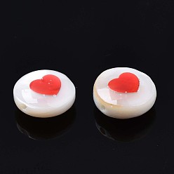 Red Natural Freshwater Shell Beads, with Enamel, Flat Round with Heart, Red, 8x4.5mm, Hole: 0.6mm