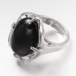 Black Agate Adjustable Oval Gemstone Wide Band Rings, with Platinum Tone Brass Findings, US Size 7 1/4(17.5mm)