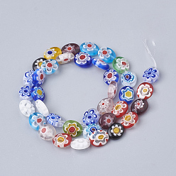 Mixed Color Handmade Millefiori Lampwork Beads Strands, Oval, Mixed Color, 10x8x3mm, Hole: 0.8mm, about 37pcs/strand, 13.7 inch