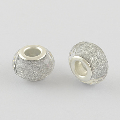 Silver Large Hole Resin European Beads, with Silver Color Plated Brass Double Cores, Faceted Rondelle, Silver, 14x9mm, Hole: 5mm