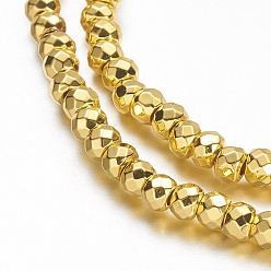 Golden Plated Non-magnetic Synthetic Hematite Beads Strands, Grade A, Faceted, Rondelle, Golden Plated, 3x2mm, Hole: 1mm, about 184pcs/strand, 15.7 inch