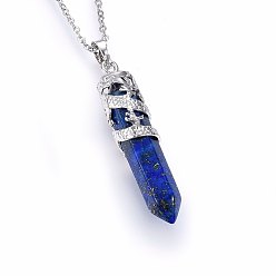 Lapis Lazuli Natural Lapis Lazuli Pendant Necklaces, with 304 Stainless Steel Cable Chains, Bullet with Dragon, 19.68 inch(50cm), Pendant: 54x11mm