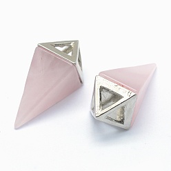 Rose Quartz Natural Rose Quartz Pendants, with Alloy Findings, Triangle, Platinum, 34x14x14.5mm, Hole: 4x6mm