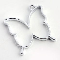 Platinum Rack Plating Alloy Butterfly Open Back Bezel Pendants, For DIY UV Resin, Epoxy Resin, Pressed Flower Jewelry, Hollow, Cadmium Free & Nickel Free & Lead Free, Silver Color Plated, 35x32x3.5mm, Hole: 3mm