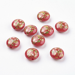 Красный Смоляные бусы с цветочным принтом, плоско-круглые, красные, 16.5x9 мм, отверстие : 2 мм